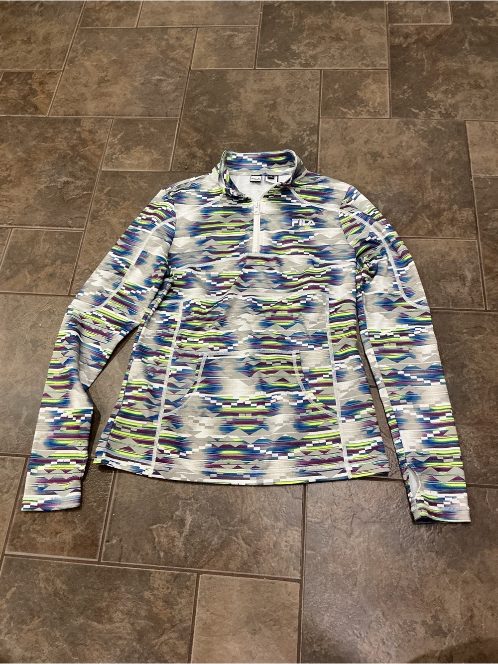 🥵 Fila Patterned Quarter-Zip Pullover in Blue, Green & Purple,Gray slim fitting